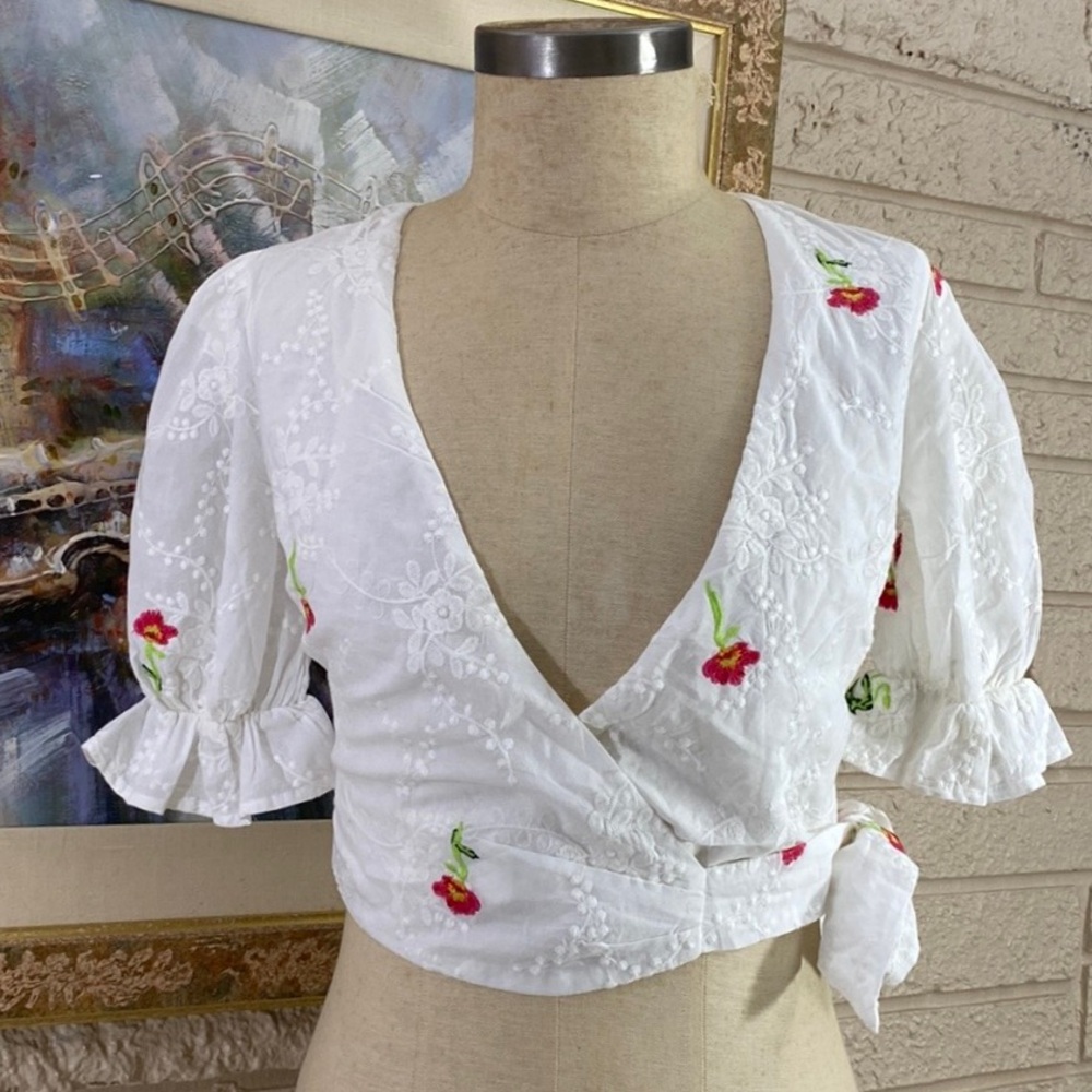 Tularosa Floral Embroidered Wrap Top